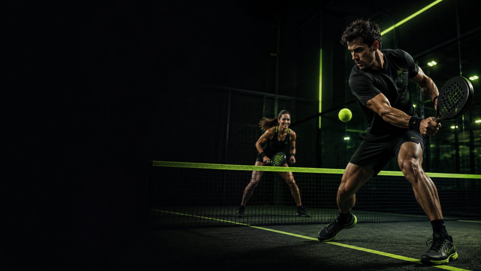 An evening padel competition under lime floodlights