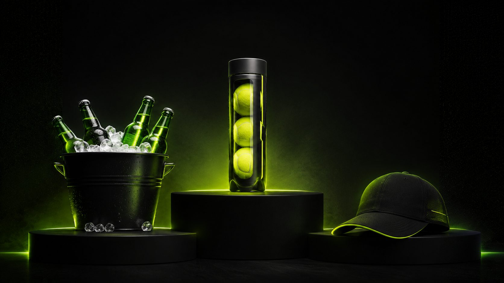 Prizes lit like trophies: drinks, balls and gear